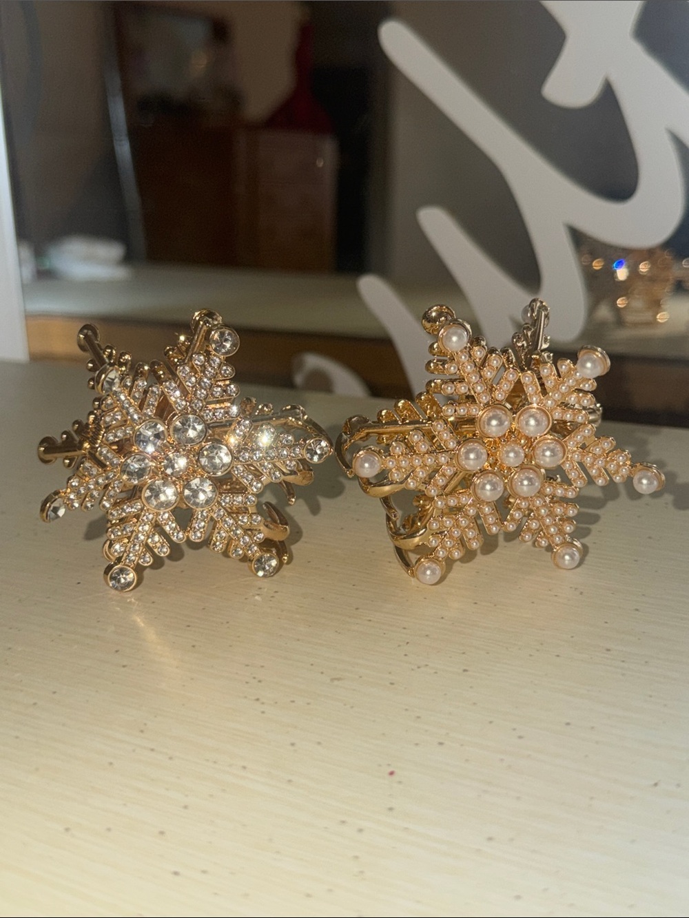 Gold Snowflake Brooch Set with Crystals and Pearls - Women Hair Clips